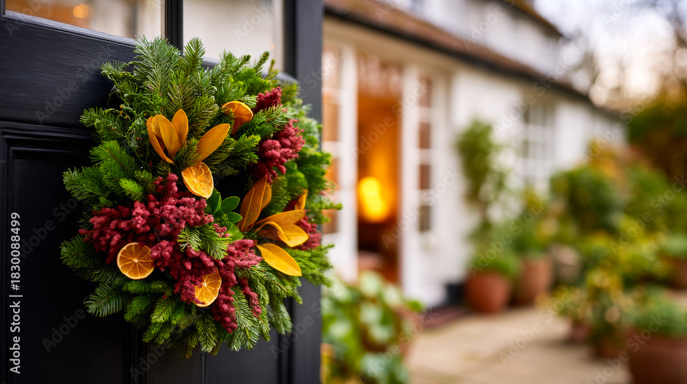 Obraz premium Holiday wreath on a door. A colorful wreath on a black door, framed by greenery and warm lights, creates a festive holiday vibe.