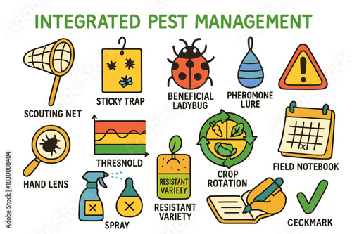 Integrated Pest Management Icons. Integrated pest management. Colorful Hand-drawn doodle Children illustration Integrated pest management scouting net, sticky
