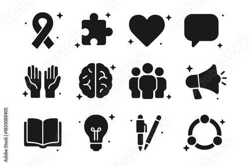 Autism Awareness Icons. Autism Awareness Campaign. Solid icons set of Autism Awareness Campaign: ribbon, puzzle piece, heart, speech bubble, hands, brain,