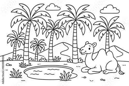Desert Oasis Scene. Palm oasis in the desert children?s coloring book illustration, outlined drawing, palm trees surrounding a small pond with a camel resting