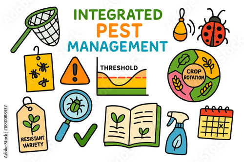 Integrated Pest Management Icons. Integrated pest management. Colorful Hand-drawn doodle Children illustration Integrated pest management scouting net, sticky