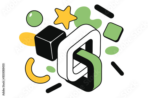 Vibrant Geometric Fusion. 3D Design Elements. Interlocking 3D shapes with floating abstract geometric highlights, vibrant and futuristic scene.