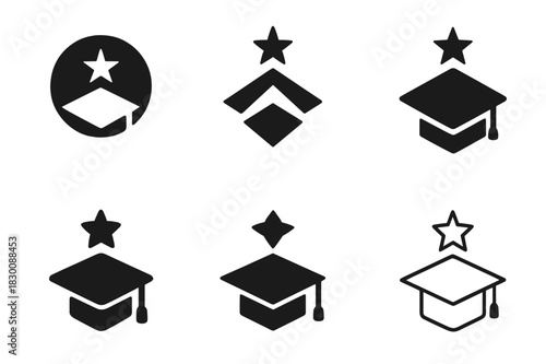 Guiding Star Logos. Mentorship and scholarships. Set Logo of Mentorship and scholarships: guiding star over graduation cap. harmonious logo variations of the
