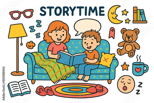 Cozy Storytime Scene. Storytime on the sofa. Colorful Hand-drawn doodle Children illustration Storytime on the sofa open book, blanket, pillows, lamp, glasses,