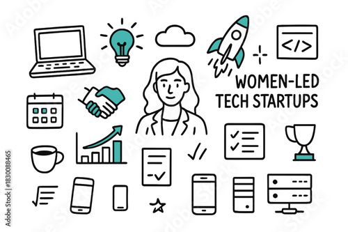 Women-Led Tech Doodles. // Women-led tech startups. Hand-drawn doodle illustration Women-led tech startups [founder avatar (accented), laptop, lightbulb