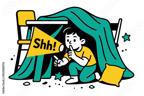Table-Fort Adventure. Table-Fort Hideout. Pillows and chairs build a geometric cave; a flashlight beam slices the dark with ?Shh!? lettered in the glow. Crumbs