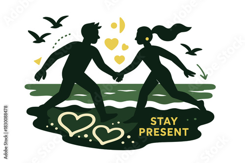 Seaside Love Silhouette. Seaside silhouette. A couple holds hands at the shoreline as foam sketches hearts; gulls draw dotted arcs above. ?Stay present? glows