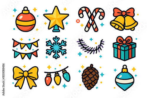 Colorful Holiday Ornaments. Winter holiday ornaments. Colorful isometric vector icons set of winter holiday ornaments: baubles, star topper, candy canes,