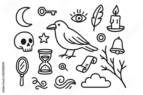 Raven and Omens Symbols. Raven and omens. Hand-drawn doodle illustration Raven and omens skull, hourglass, key, moon, candle, feather, mirror, scroll, star,