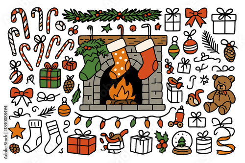 Festive Stocking Doodles. Holiday stockings. Hand-drawn doodle illustration Christmas stockings (colored), fireplace (colored), mantel (colored), candy canes