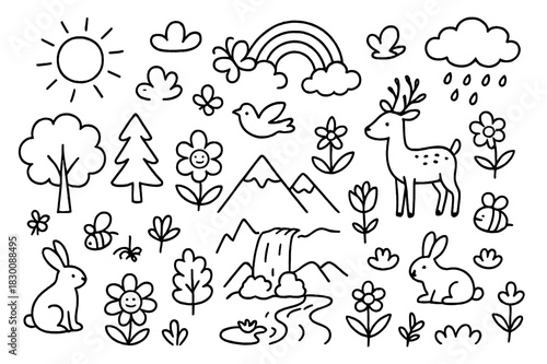 Nature Doodle Illustration. Nature. Hand-drawn doodle illustration Nature trees, flowers, birds, bees, butterflies, rabbits, deer, mountains, rivers, lakes,