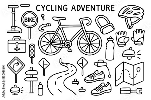 Cycling Adventure Sketch. Cycling adventure. Hand-drawn doodle illustration Cycling adventure, bicycle, helmet, bike lock, cycling gloves, water bottle, bike