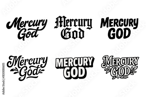 Mercury Lettering Variations. Mercury God. Set lettering. harmonious lettering variations of the same emblematic concept (Bold hand-lettering with playful