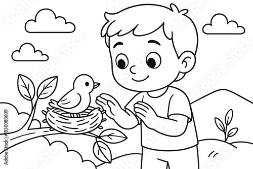 Child Protecting Nest. Environmental conservation children?s coloring book illustration, outlined drawing, a picture of a child protecting a bird?s nest,