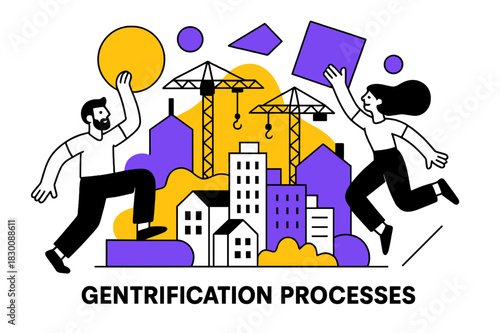 Urban Renewal Artistry. Gentrification Processes. Construction cranes over city buildings with floating abstract geometric shapes, representing urban renewal