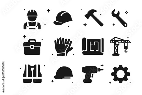 Labor Icons Collection. Labor. Solid icons set of Labor: construction worker, hard hat, hammer, wrench, toolbox, gloves, blueprint, crane, safety vest, helmet,