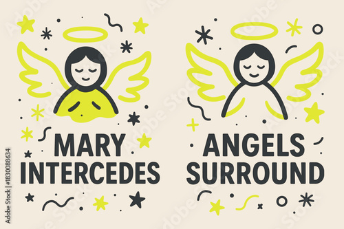 Angelic Banners Display. Angelic Intercession. Two vertical A6 banners with safe margins, centered composition, no elements touching edges, memphis, charcoal