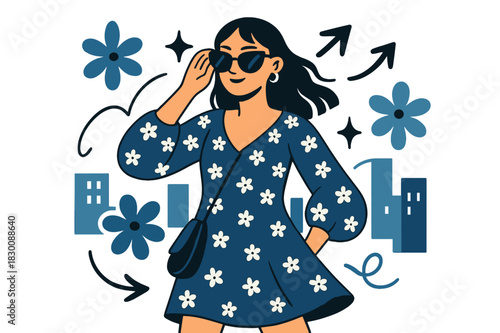 Chic Urban Boho. A young woman wearing a boho-chic dress and oversized sunglasses. Woman posing with crossbody bag and sunglasses in urban setting; abstract