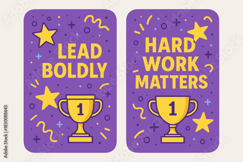Bold Leadership Banners. Lead boldly. Two vertical A6 banners with safe margins, centered composition, no elements touching edges, memphis, purple and yellow,