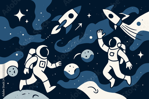 Cosmic Exploration Scene. galaxy. Rocket ships soaring through the cosmos, nebulas bursting with color, astronauts exploring new worlds. Modern flat vector