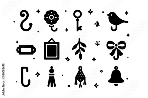 Decorative Hooks Collection. Decorative hooks and accents. Solid icons set of Decorative hooks and accents: ornate hook, ceramic knob, vintage key hook, bird