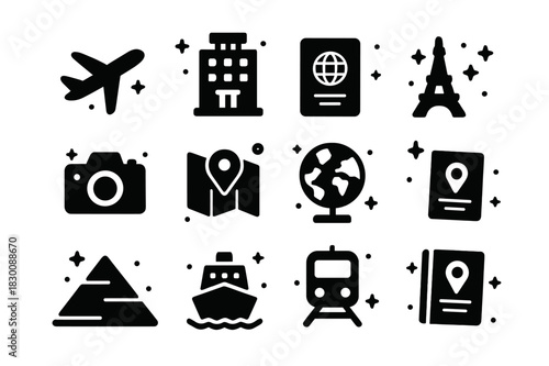 Travel Icons Grid. Travel. Solid icons set of Travel: airplanes, hotels, passports, luggage, cameras, maps, landmarks, tourist attractions, cruise ships,