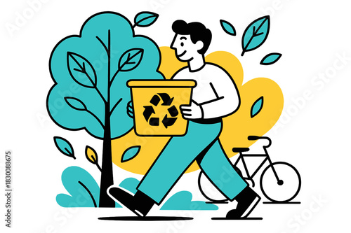 Sustainable Lifestyle Vibes. Eco-friendly and sustainable living. A person holding a recycle bin, with a green tree and leaves surrounding them, a bicycle in