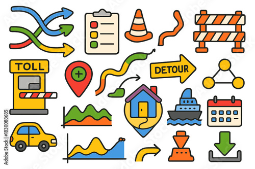 Colorful Traffic Planning. Route planning and traffic. Colorful Hand-drawn doodle Children illustration Route planning and traffic multi-route lines, traffic