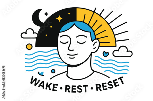 Circadian Rhythm Harmony. Circadian Rhythm Balance. A sunrise clock arcs from night to day behind a calm face; ?Wake ? Rest ? Reset? floats in rhythm lines.