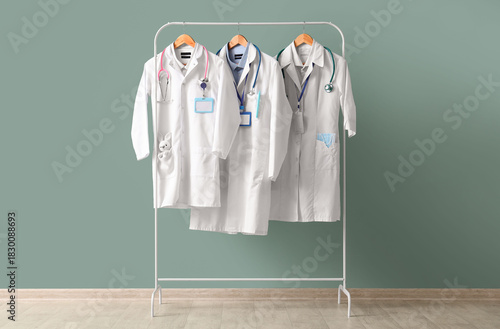 Rack with doctor's uniform ...