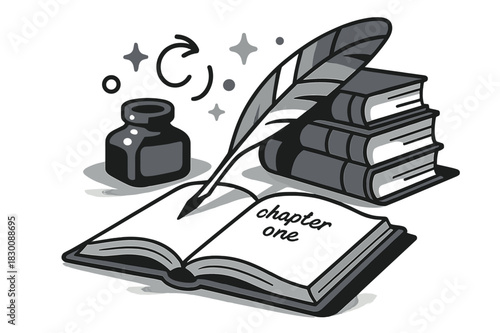 Writer's Desk Essentials. Antique Books ? Writer?s Desk. Ink bottle, feather pen, and open ledger with soft shadows. A subtle note reads ?chapter one?. Modern