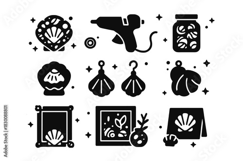 Seashell Craft Icons. Seashell Crafts. Solid icons set of Seashell Crafts: shell mosaic, glue gun, twine, jar of shells, painted shell, shell pendant, shell