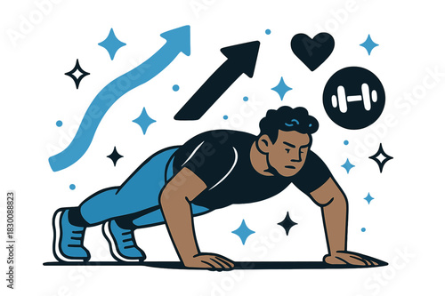 Dynamic Workout Inspiration. Workout motivation. Individual doing push-ups with abstract floating arrows, icons, and sparkles; conveys strength, determination,