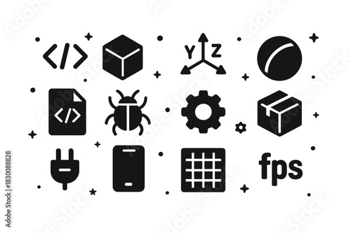 Augmented Reality Icons. augmented reality development. Solid icons set of augmented reality development: code brackets, game engine cube, 3D axis gizmo,