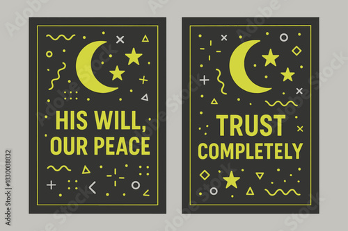 Peace and Trust Banners. Peace in Trust. Two vertical A6 banners with safe margins, centered composition, no elements touching edges, memphis, charcoal and