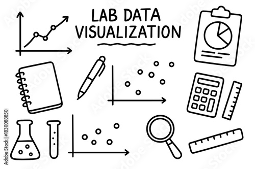 Lab Data Doodles. Lab Data Visualization. Hand-drawn doodle illustration Lab Data Visualization line graph, bar chart, pie chart, scatter plot, axes,