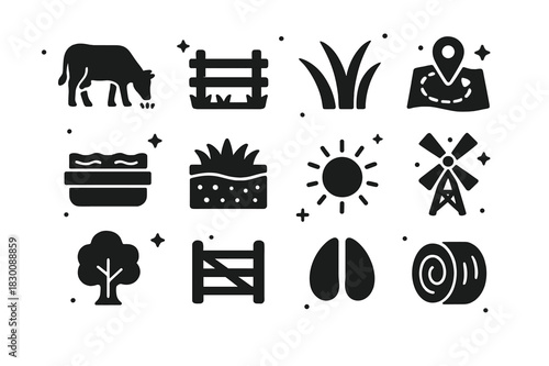 Holistic Grazing Icons. Holistic Grazing. Solid icons set of Holistic Grazing: grazing cow, pasture fence, grass blades, rotation map, water trough, soil