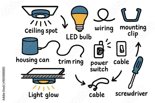 Recessed Lighting Doodle. // Recessed lighting. Hand-drawn doodle illustration Recessed lighting [ceiling spot (accented), LED bulb (accented), wiring, housing