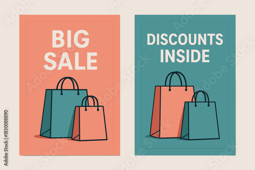 Big Sale Banners. SALE. Two vertical A6 banners with safe margins, centered composition, no elements touching edges, modern, coral and teal, shopping bags,