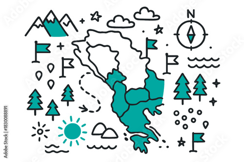 Balkans Geography Doodle. // Balkans geography. Hand-drawn doodle illustration Balkans geography [peninsula map (accented), mountains (accented), coastline