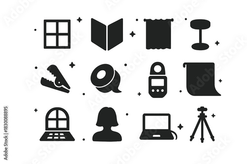 Studio Photography Icons. Window Light in Studio Photography. Solid icons set of Window Light in Studio Photography: large window, V-flat reflector, diffusion