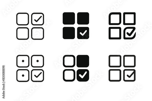 Quiz Logo Variations. Multiple-choice quiz. Set Logo of Multiple-choice quiz: four-option grid with highlight. harmonious logo variations of the same