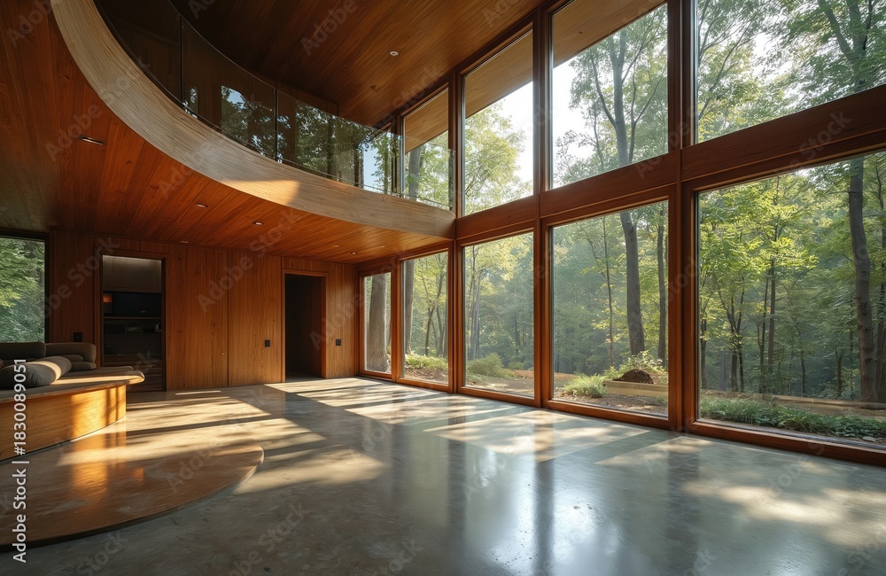 Fototapeta premium Modern house interior with big windows overlooking green forest trees. Light comes inside empty room. Wood walls, ceiling match with floor. Minimalist interior design combines nature, living space.