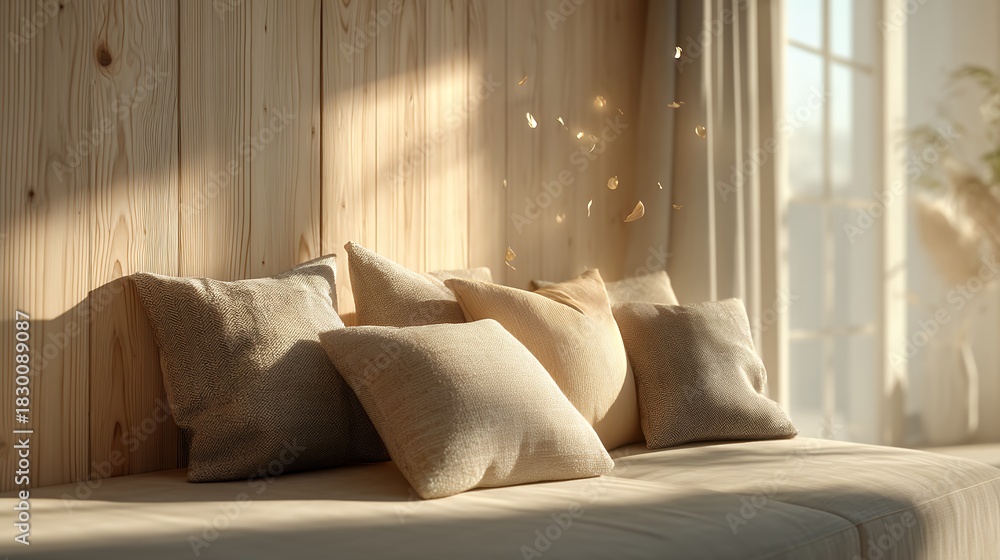 Fototapeta premium pillows rest on a sunlit bench with floating dust motes