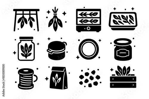 Sage Preservation Icons. Drying and preserving sage. Solid icons set of Drying and preserving sage: drying rack, hanging bundle, dehydrator, oven tray, glass