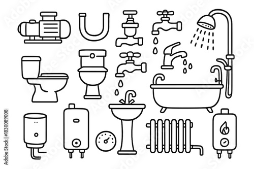 Plumbing Doodle Icons. Hand-drawn doodle illustration. Hand-drawn doodle illustration Water pump illustration, pipes, valves, faucets, toilets, sinks, showers,