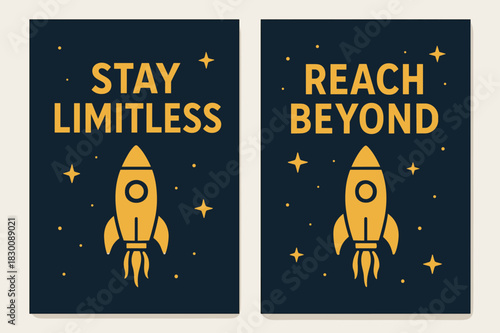 Limitless Adventure Banners. Stay limitless. Two vertical A6 banners with safe margins, centered composition, no elements touching edges, bold, navy and gold,