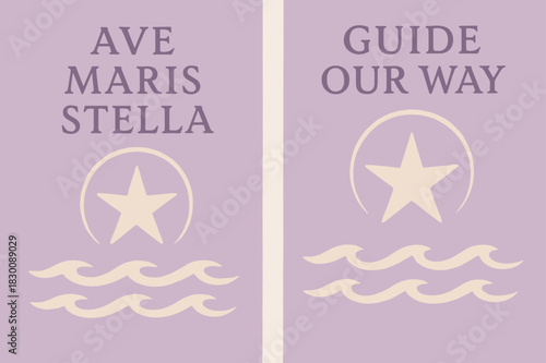 Ave Maris Stella. Star of the Sea. Two vertical A6 banners with safe margins, centered composition, no elements touching edges, pastel, lavender and cream,