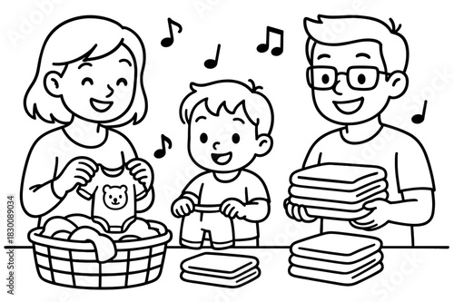 Family Laundry Fun. Family laundry teamwork children?s coloring book illustration, outlined drawing, both parents and a small child helping fold colorful baby