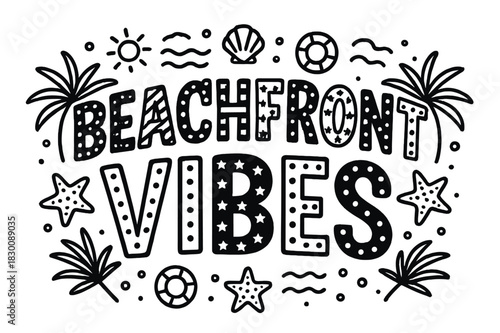 Beachfront Vibes Display. Beachfront Vibes ? playful decorative display lettering; patterned letters (dots/stripes/stars), gently arched word-shape; framed